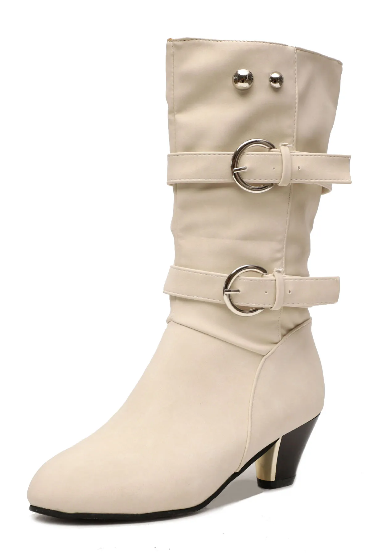 Botte beige cuir à petit talon ornée de bandes boucles