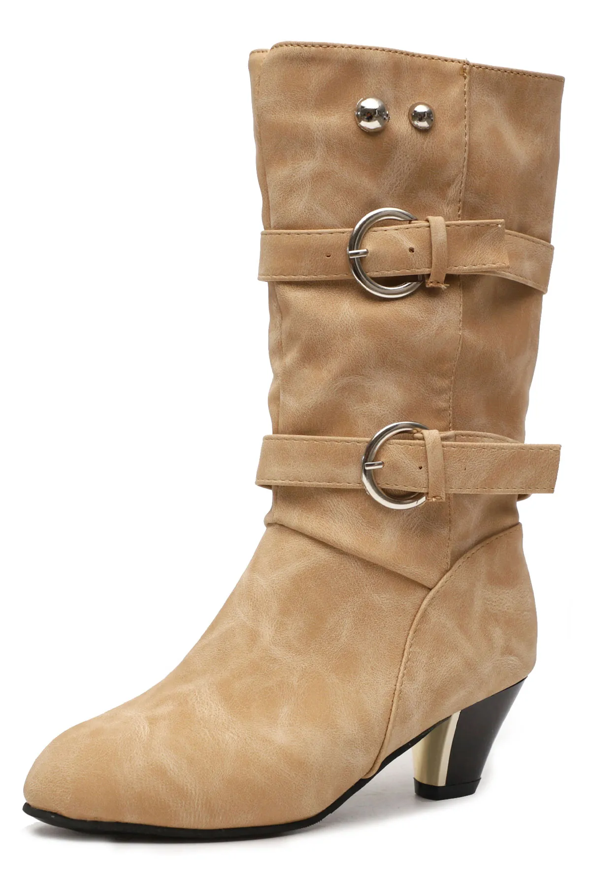 Botte beige cuir à petit talon ornée de bandes boucles