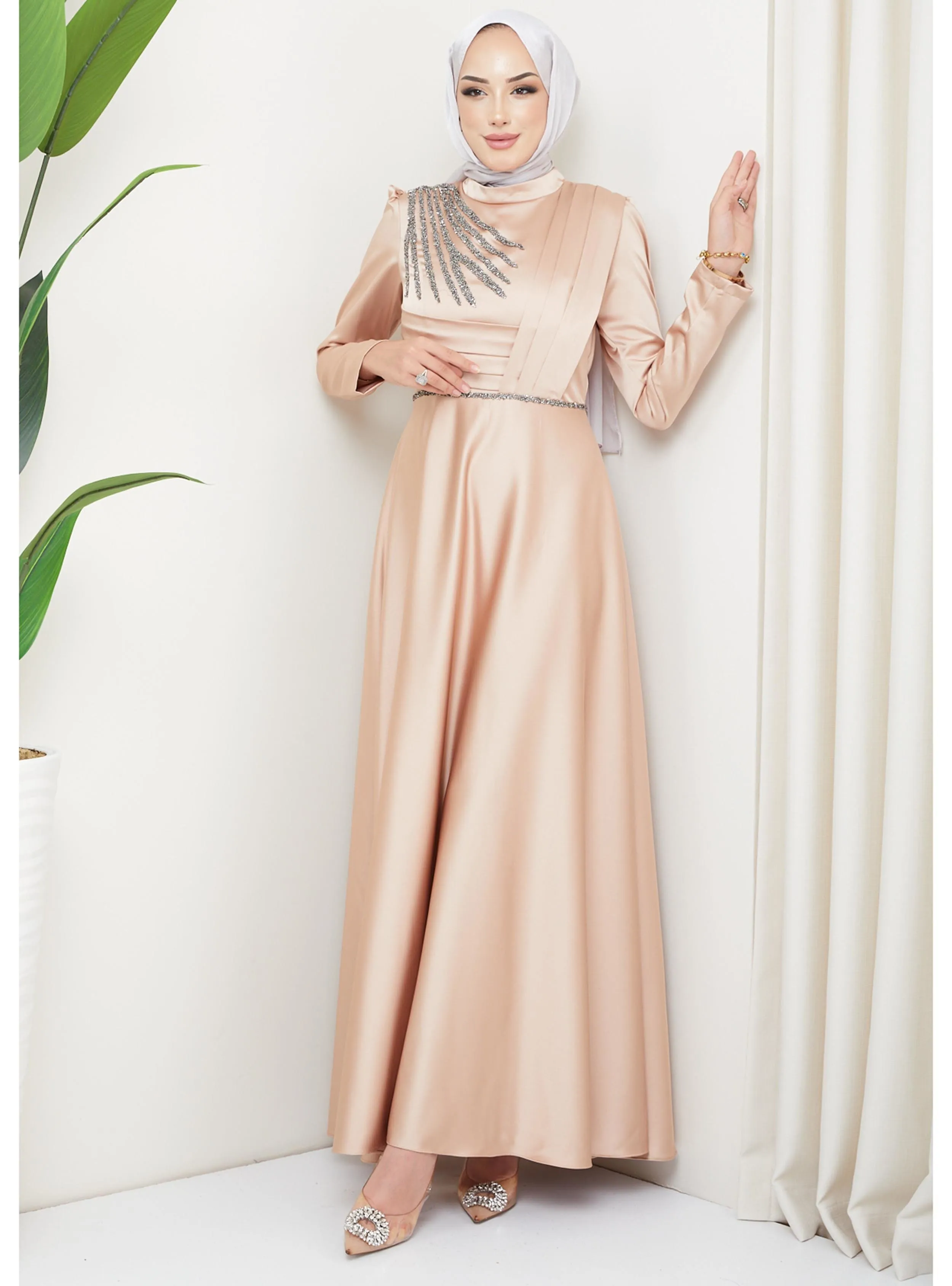 Camel - Unlined - Crew neck - Modest Evening Dress