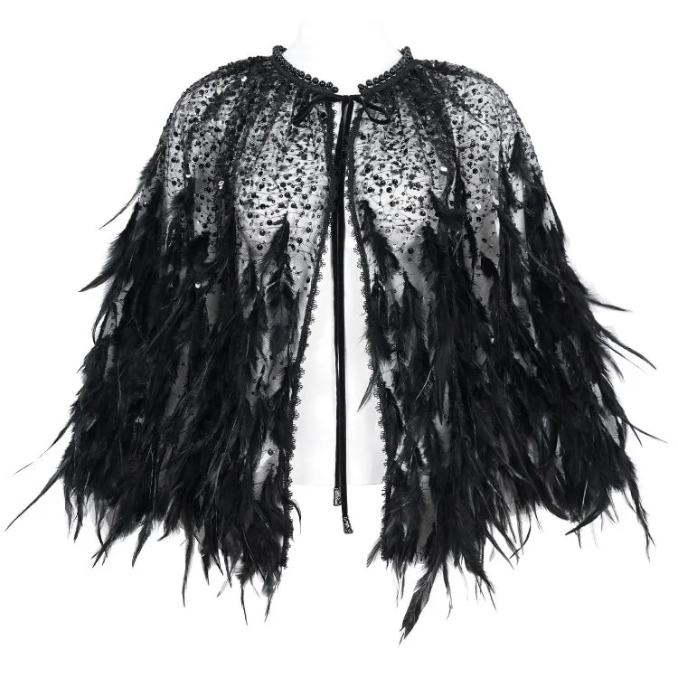 Cape Courte 'Helchen' en Plumes et Paillettes Noires