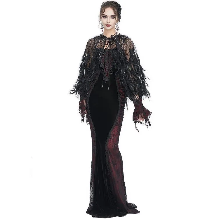 Cape Courte 'Helchen' en Plumes et Paillettes Noires