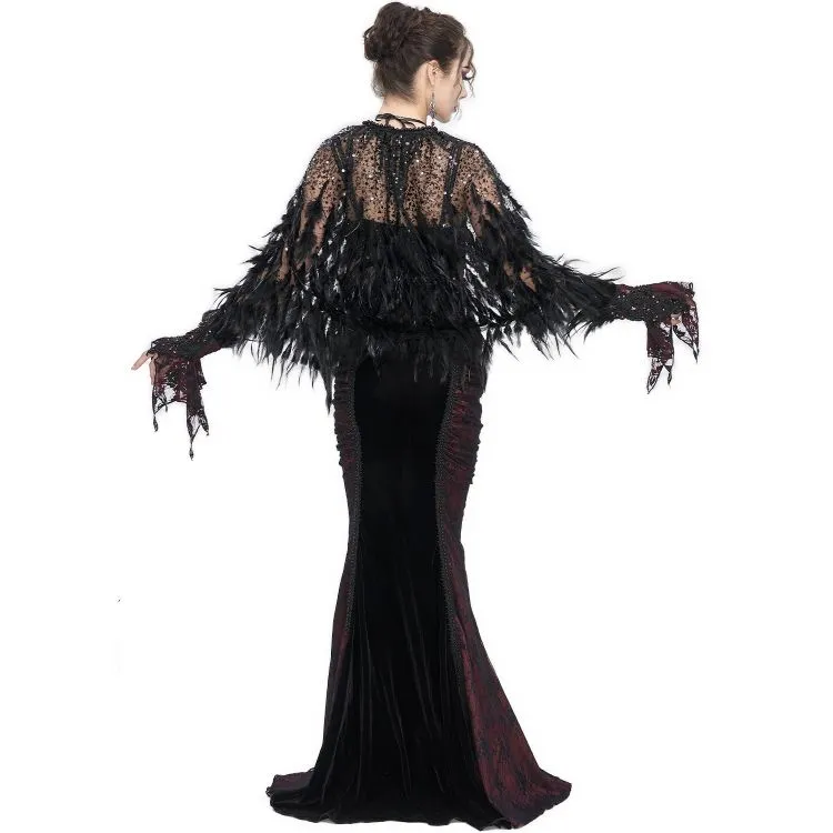 Cape Courte 'Helchen' en Plumes et Paillettes Noires