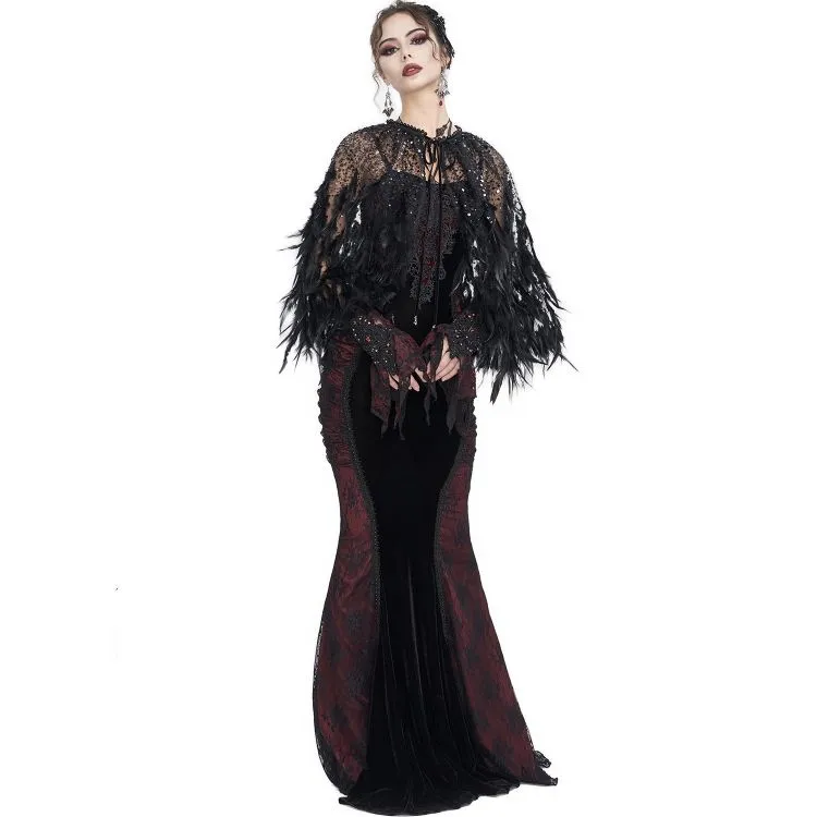 Cape Courte 'Helchen' en Plumes et Paillettes Noires