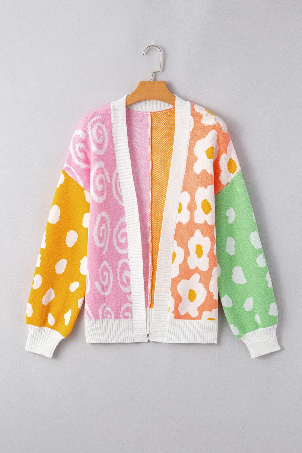 Cardigan ouvert sur le devant à imprimés variés de fleurs et de pois orange