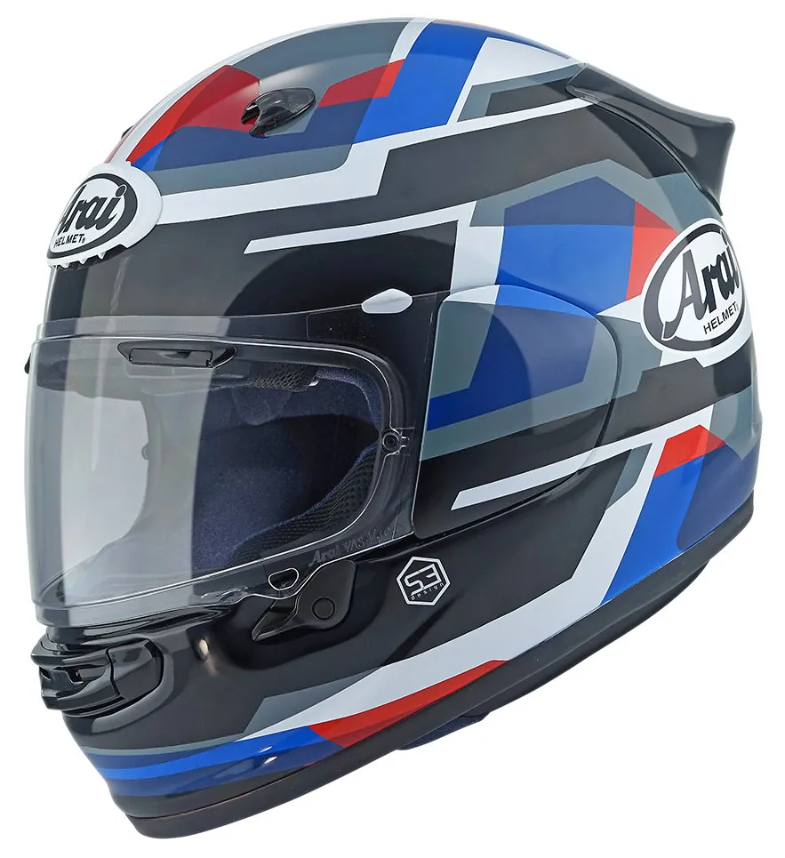 Casque Arai Quantic Abstract blue, intégral moto rouge ECE 22 06