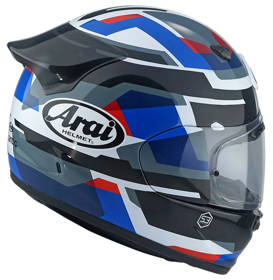 Casque Arai Quantic Abstract blue, intégral moto rouge ECE 22 06