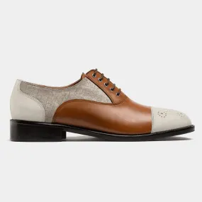 Chaussures Richelieu à bout droit en cuir , daim et tweed marron et beige