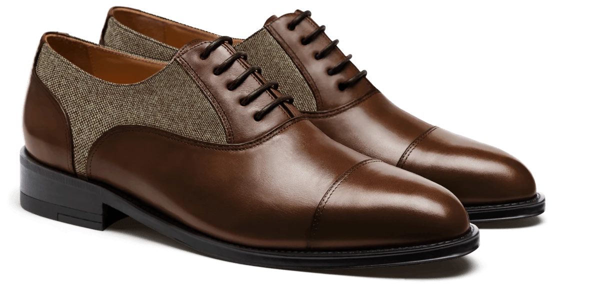 Chaussures Richelieu à bout droit en cuir et tweed marron