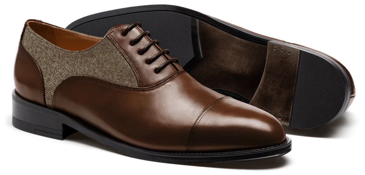 Chaussures Richelieu à bout droit en cuir et tweed marron