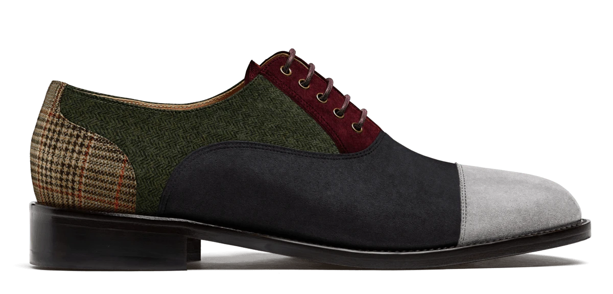 Chaussures Richelieu à bout droit en daim, tweed et velours bleu, gris, vert, bordeaux et marron