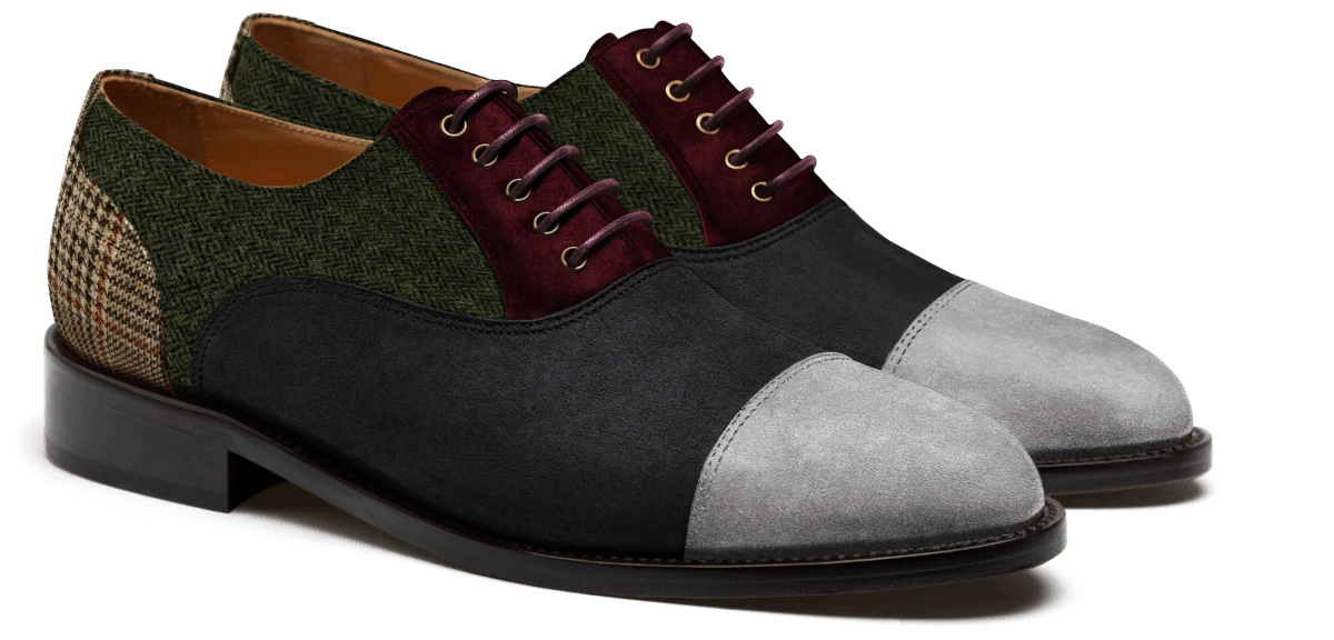 Chaussures Richelieu à bout droit en daim, tweed et velours bleu, gris, vert, bordeaux et marron