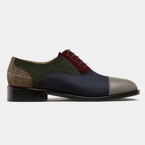 Chaussures Richelieu à bout droit en daim, tweed et velours bleu, gris, vert, bordeaux et marron