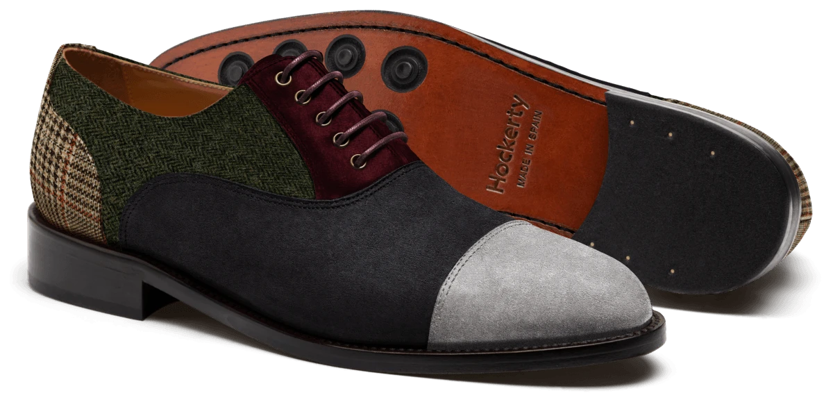 Chaussures Richelieu à bout droit en daim, tweed et velours bleu, gris, vert, bordeaux et marron