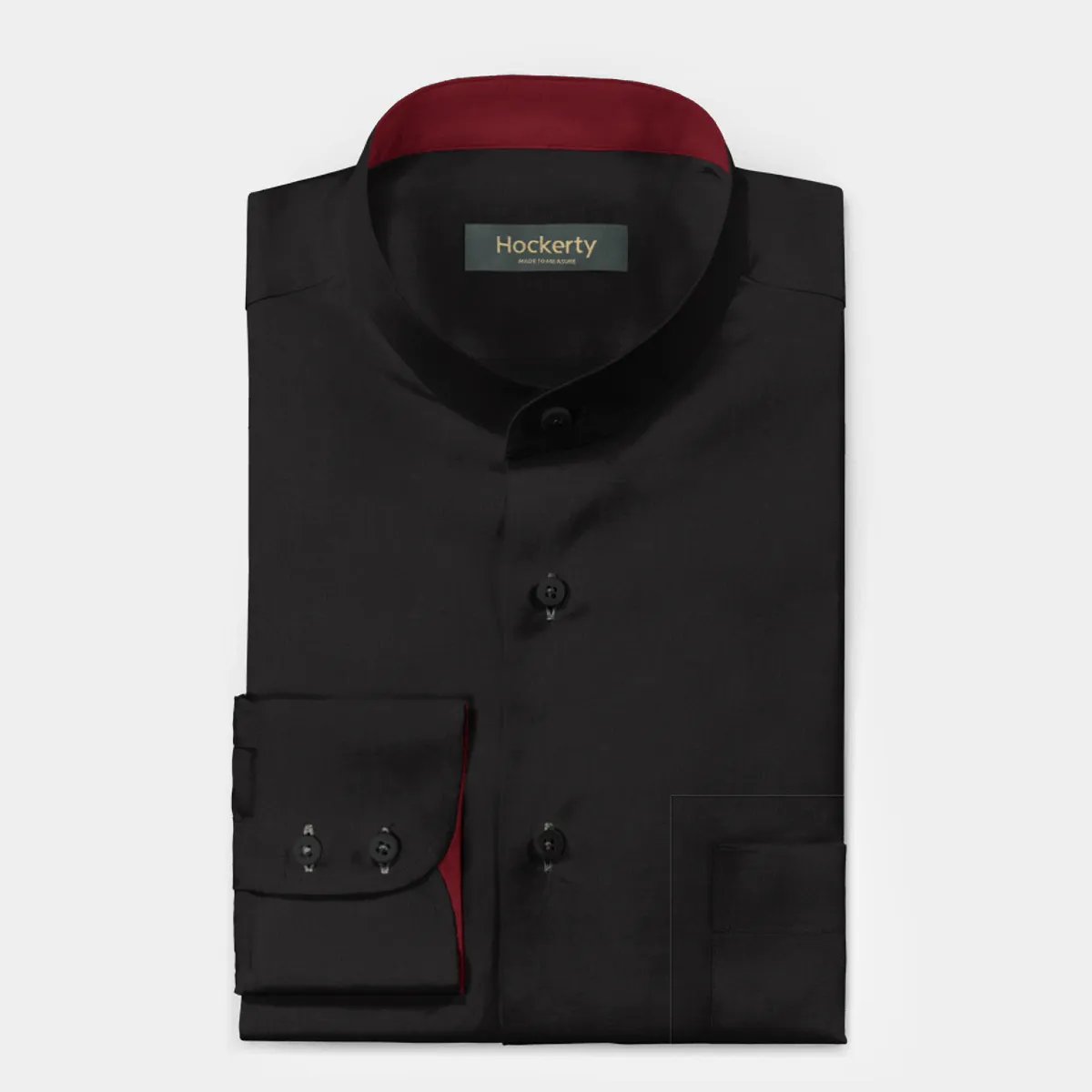 Chemise noire en lin col mandarin avec col contrasté