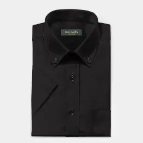 Chemise noire à manches courtes en lin col boutonné avec poche poitrine