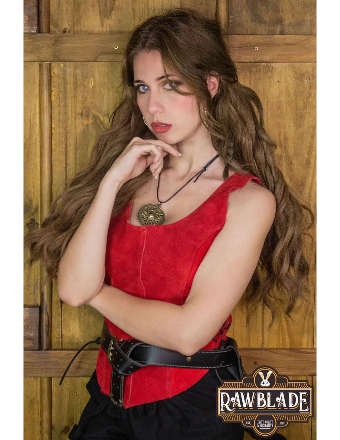 Corsage médiéval en cuir modèle Grenade - Rouge ⚔️ Boutique Épées