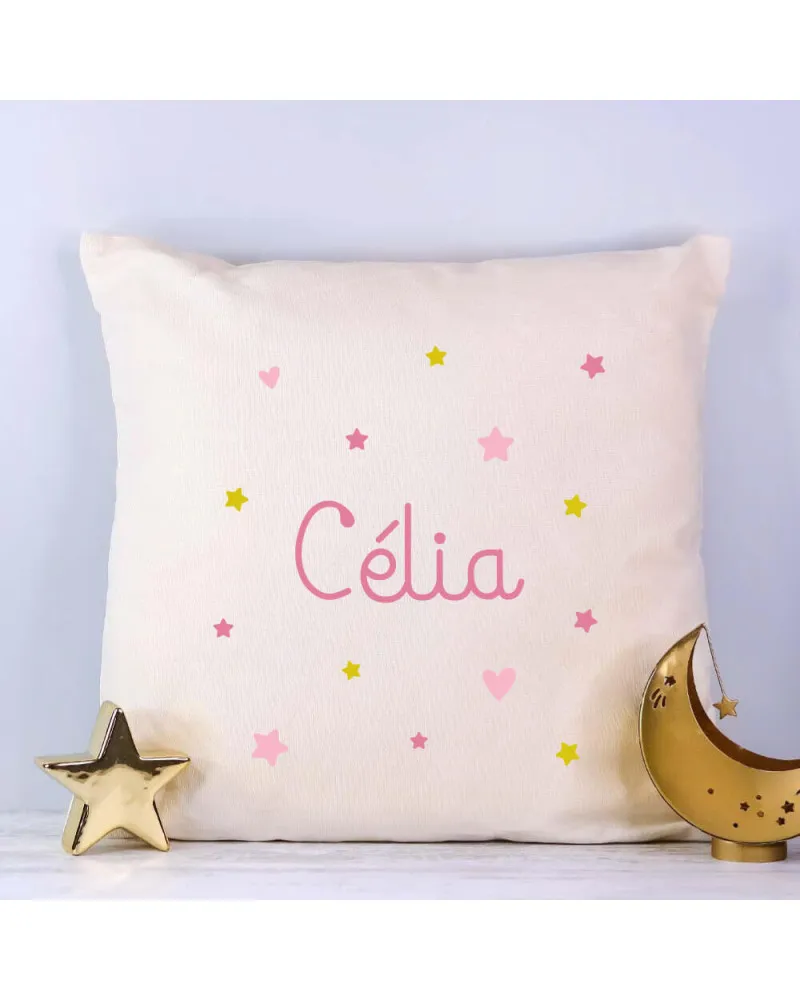 Coussin coton ivoire personnalisé - Prénom enfant rose