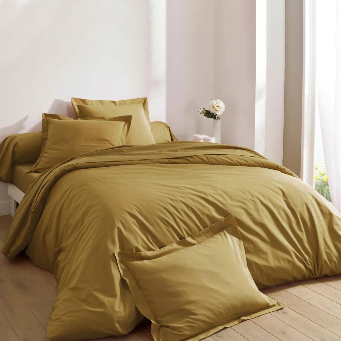 Drap plat Uni en percale de coton jaune ocre | 3 Suisses