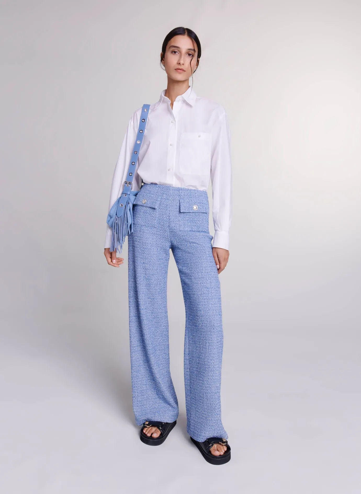 MAJE  Pantalon large en coton mélangé - Bleu