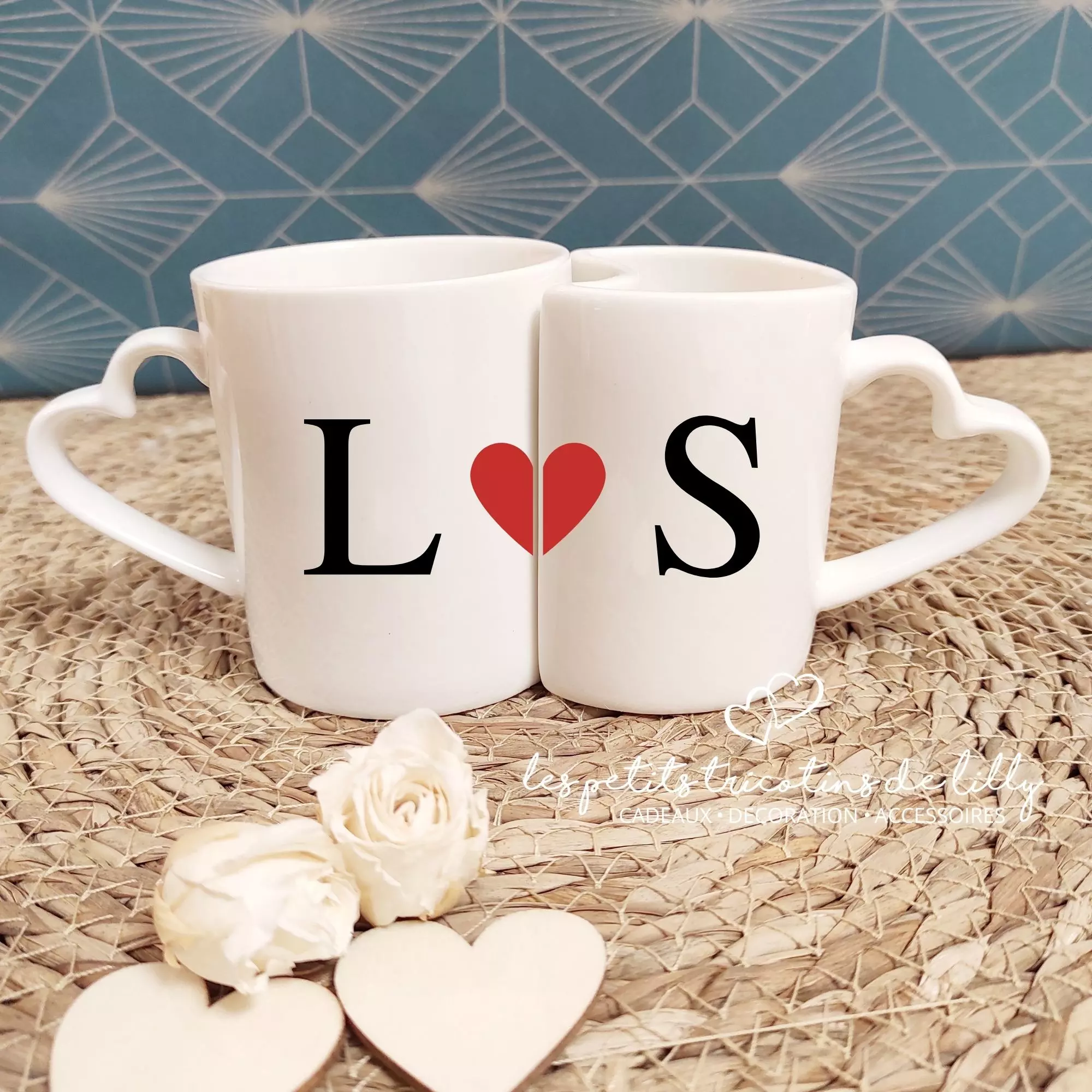 MUGS DUO INITIALES AVEC COEUR ROUGE