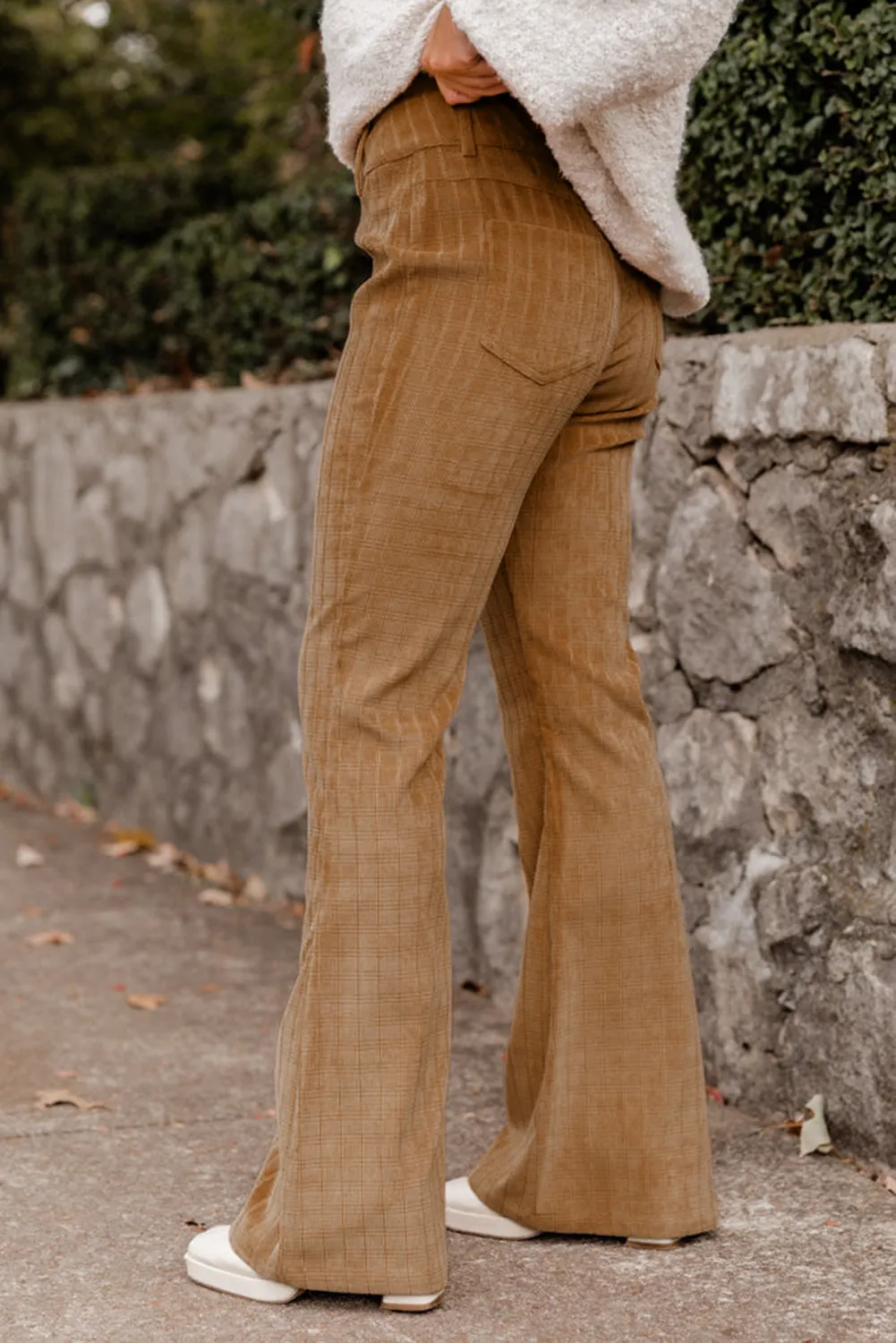 Pantalon taille haute évasé en velours ctelé à carreaux orange pamplemousse