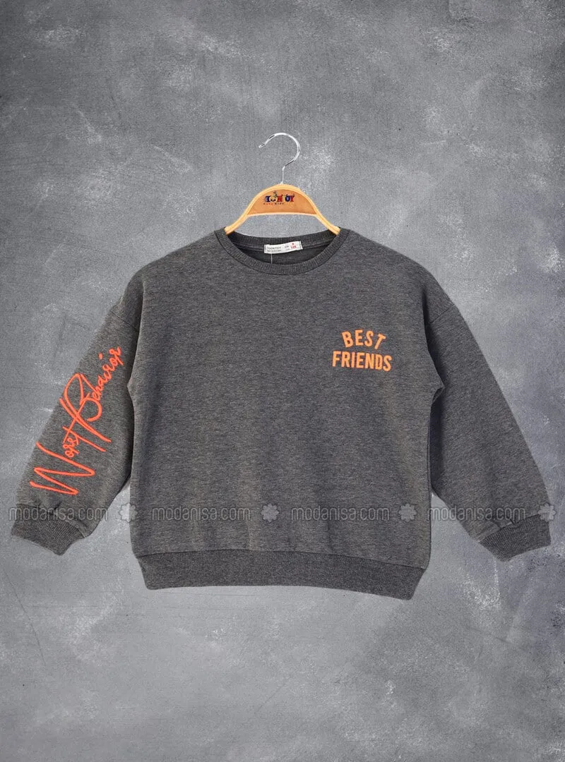 Printed - Crew neck - Unlined - Antrasit Melanj - Girls` Sweatshirt