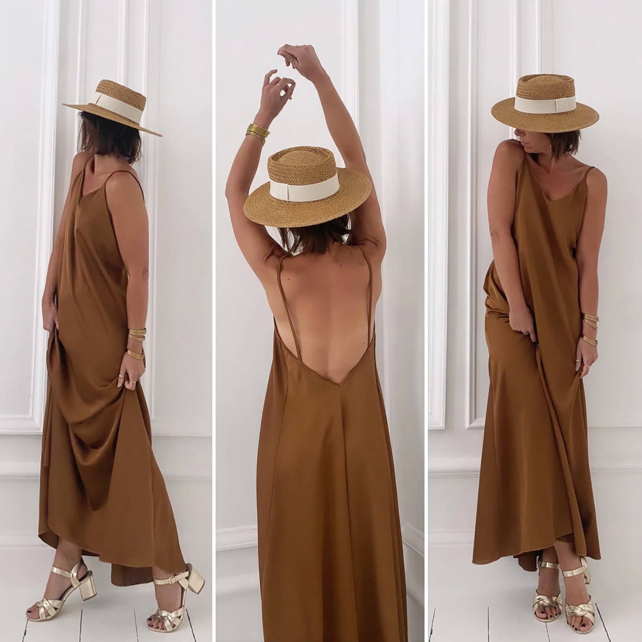 Robe camel soyeuse fines bretelles