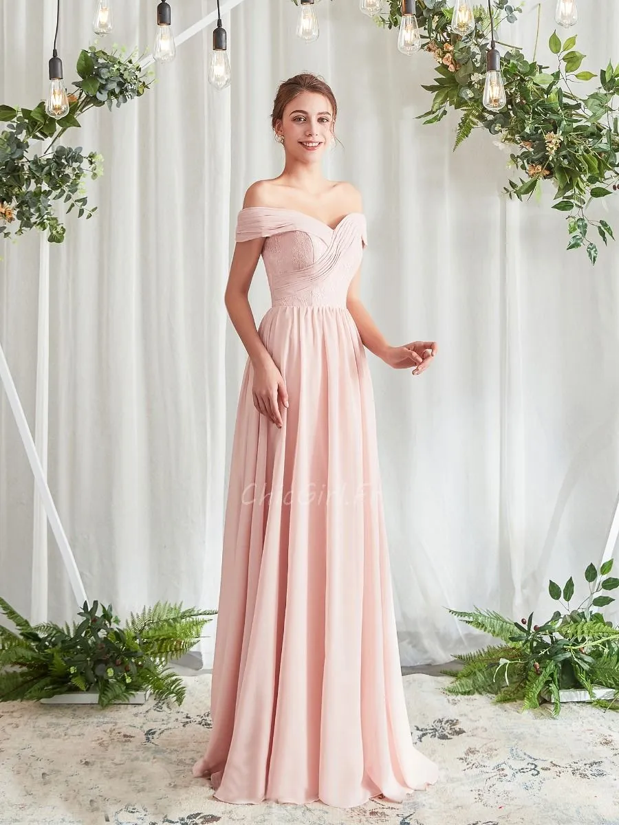 Robe Ceremonie Demoiselle d'honneur Epaule Tombante Rose Pale Mousseline Fluide Longue