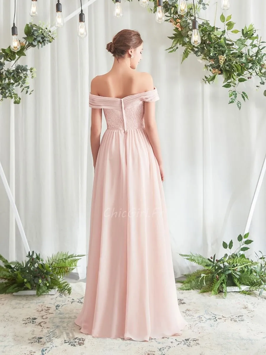 Robe Ceremonie Demoiselle d'honneur Epaule Tombante Rose Pale Mousseline Fluide Longue