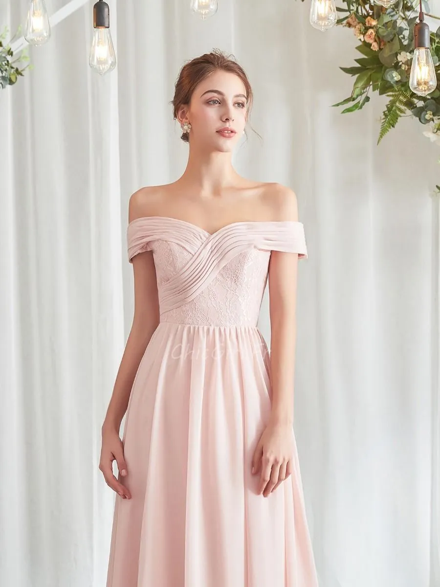 Robe Ceremonie Demoiselle d'honneur Epaule Tombante Rose Pale Mousseline Fluide Longue