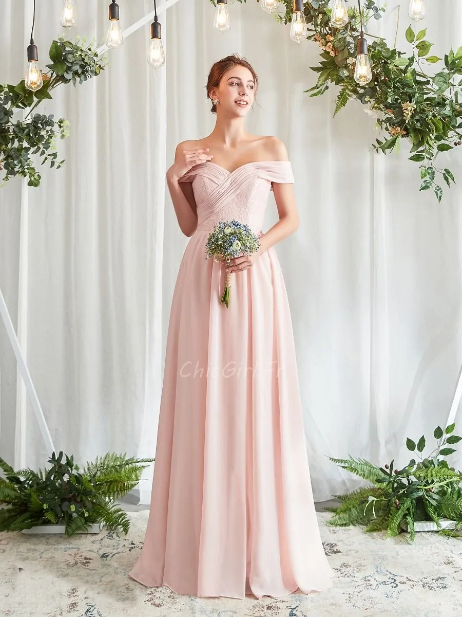 Robe Ceremonie Demoiselle d'honneur Epaule Tombante Rose Pale Mousseline Fluide Longue