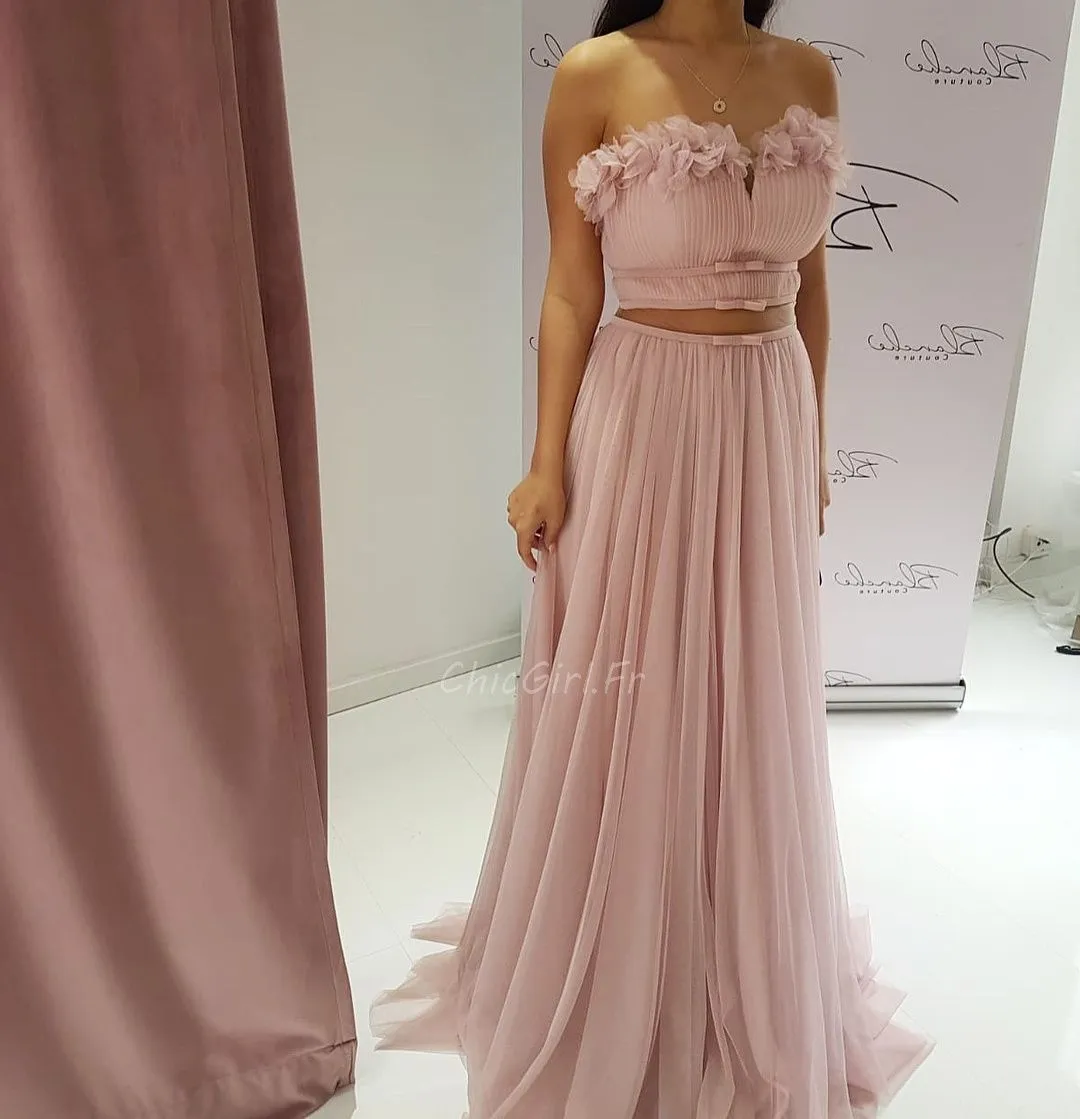 Robe De Bal Deux Pièces Longue Vieux rose Tulle Fleurie Bustier