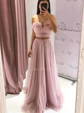 Robe De Bal Deux Pièces Longue Vieux rose Tulle Fleurie Bustier