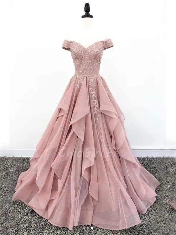 Robe De Mariée Colorée Epaule Dénudée Longue Vieux Rose Organza a Volant Dentelle