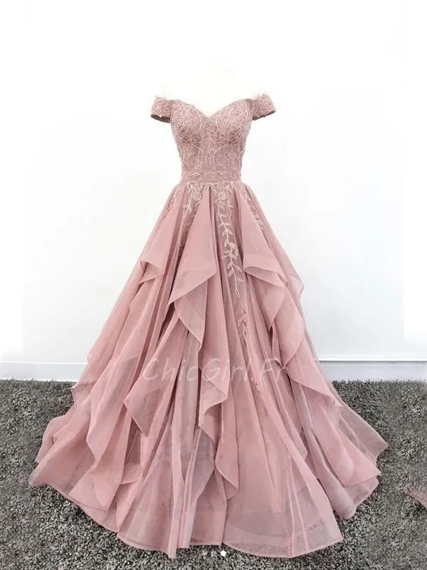 Robe De Mariée Colorée Epaule Dénudée Longue Vieux Rose Organza a Volant Dentelle