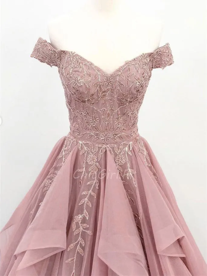 Robe De Mariée Colorée Epaule Dénudée Longue Vieux Rose Organza a Volant Dentelle