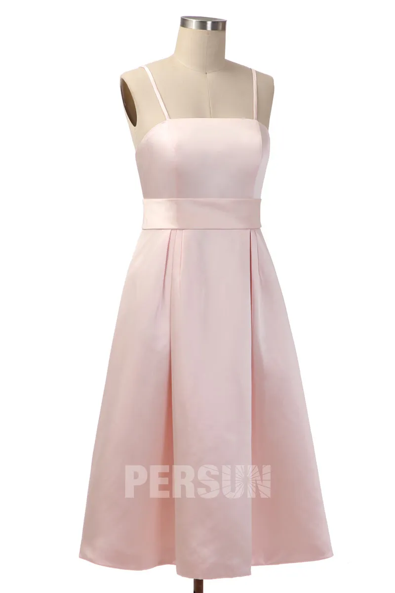 Robe demoiselle d'honneur simple mi longue en satin rose pâle