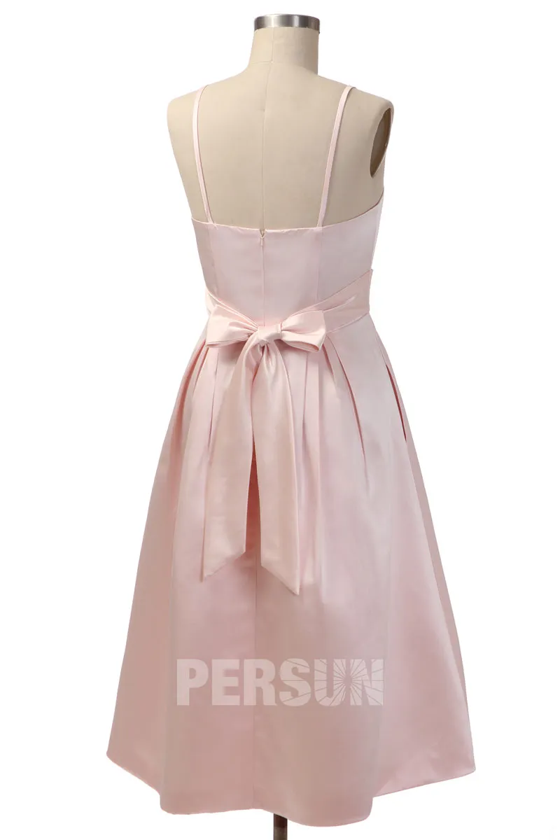 Robe demoiselle d'honneur simple mi longue en satin rose pâle