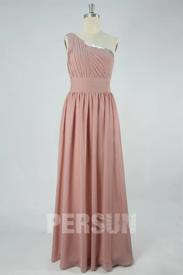 Robe longue vieux rose asymétrique pour soirée de mariage