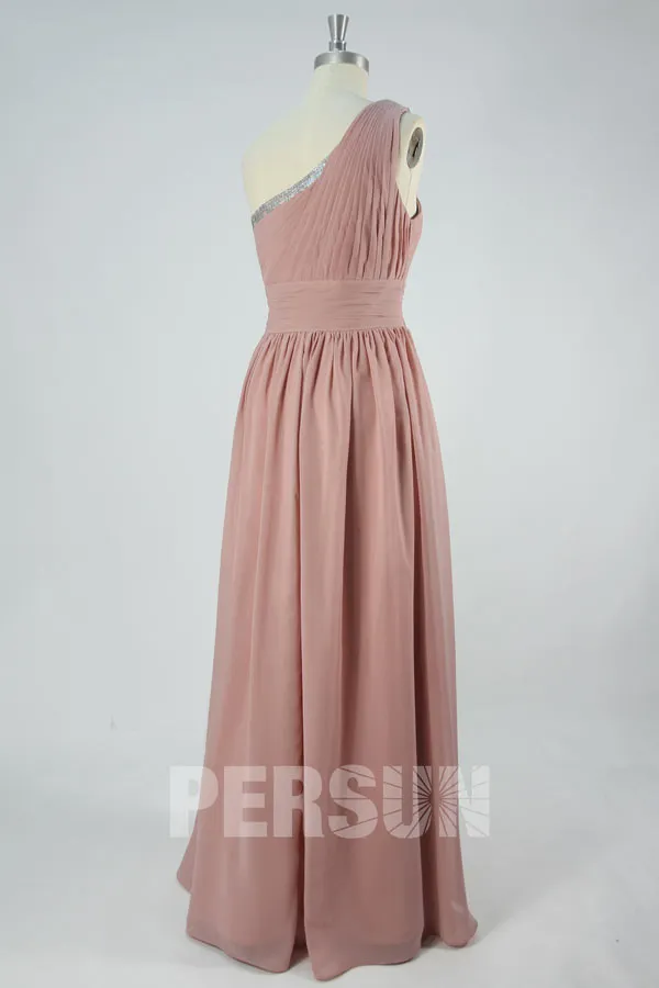 Robe longue vieux rose asymétrique pour soirée de mariage