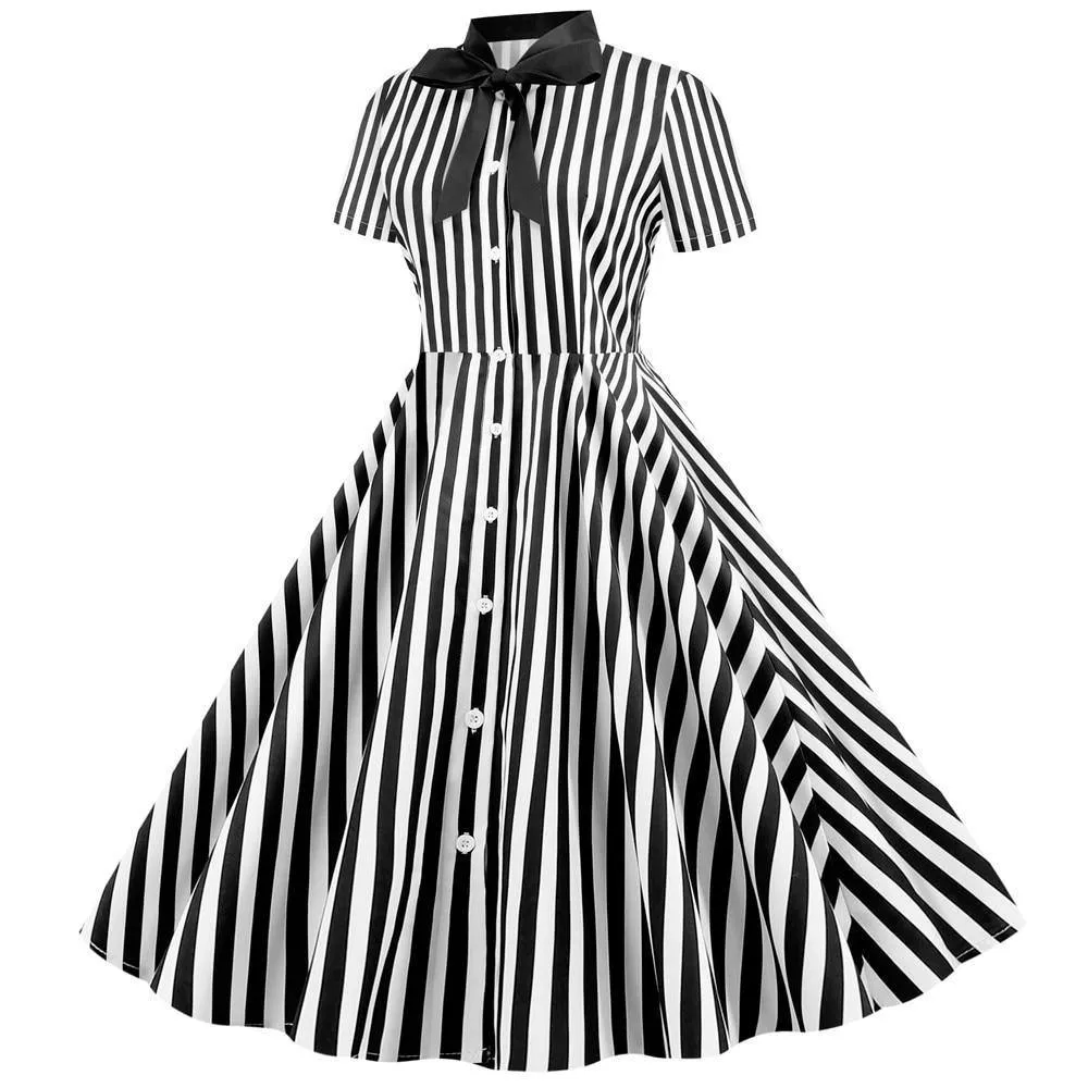 Robe Pin-Up  à Chemisier  Rayée en Noir et Blanc