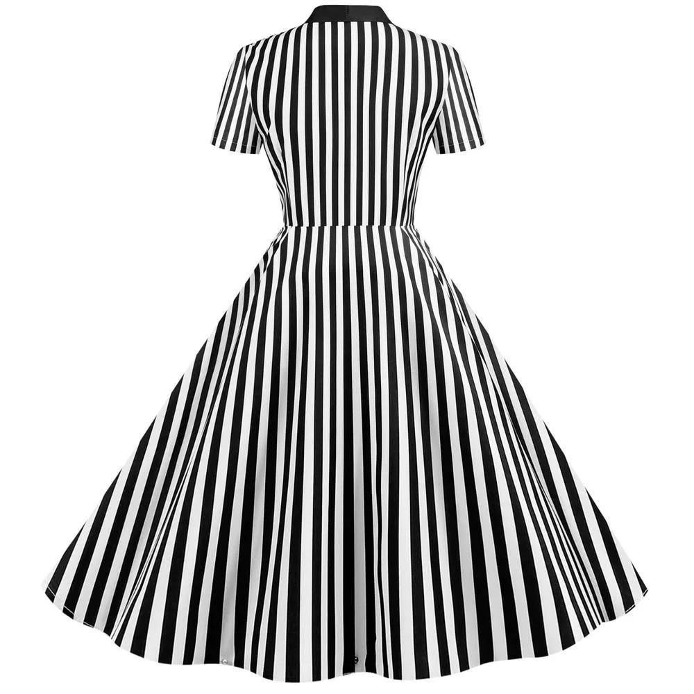 Robe Pin-Up  à Chemisier  Rayée en Noir et Blanc