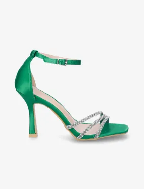 Sandales satinées à talon aiguille et strass - Vert