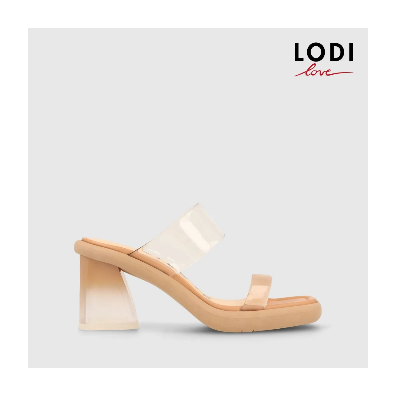 Sandales à talon femme en vinyle transparent de couleur camel | LODI Chaussures pour femme en ligne.