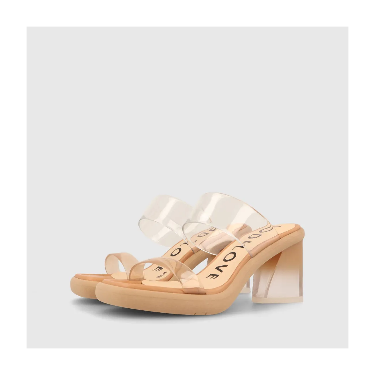 Sandales à talon femme en vinyle transparent de couleur camel | LODI Chaussures pour femme en ligne.