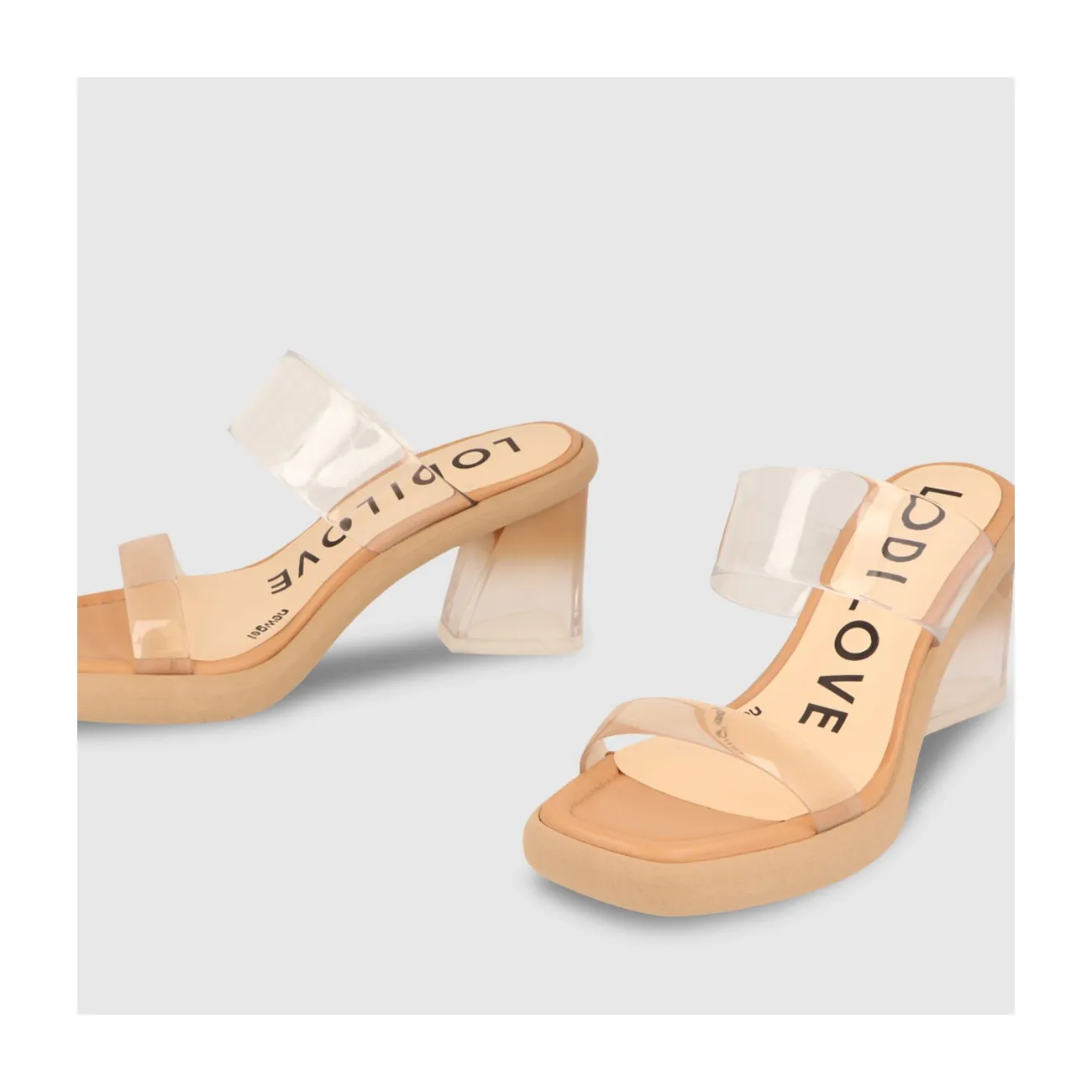 Sandales à talon femme en vinyle transparent de couleur camel | LODI Chaussures pour femme en ligne.