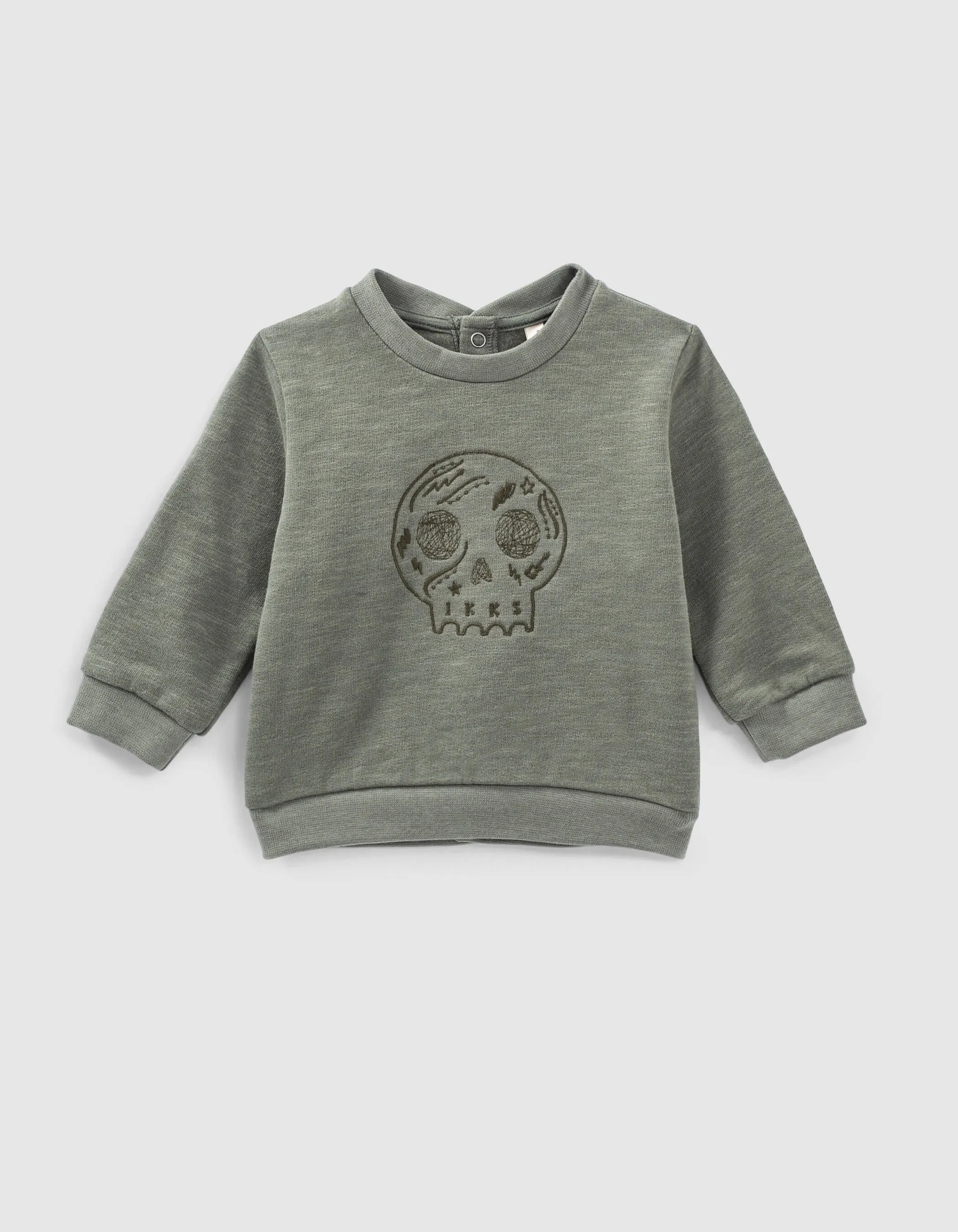 Sweat kaki clair brodé skull en molleton bio bébé