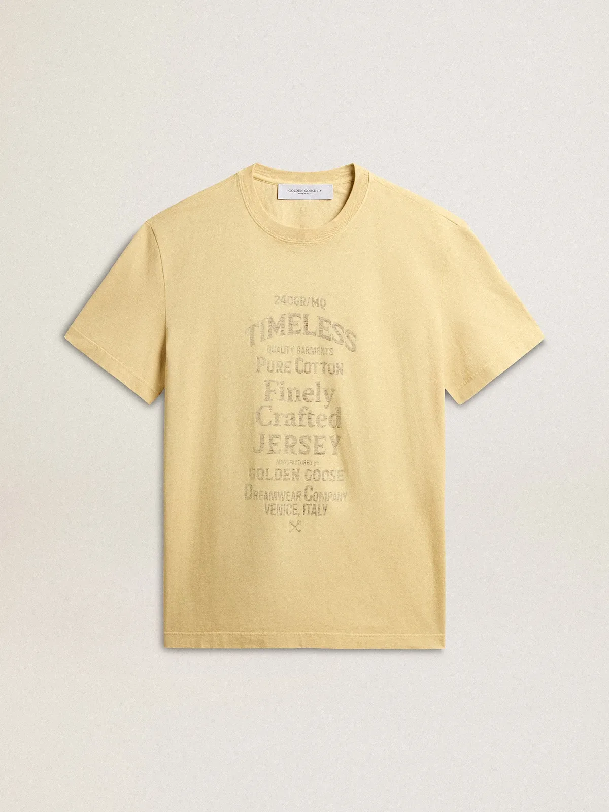 T-shirt homme en coton jaune pâle avec inscription décolorée | Golden Goose