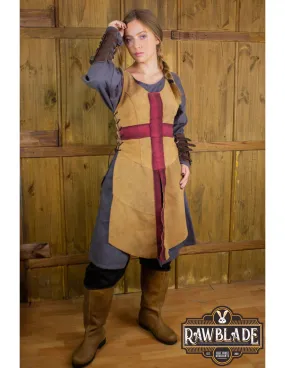 Tabard Croisé Médiéval pour Femme - Marron Clair et Rouge ⚔️ Boutique Épées