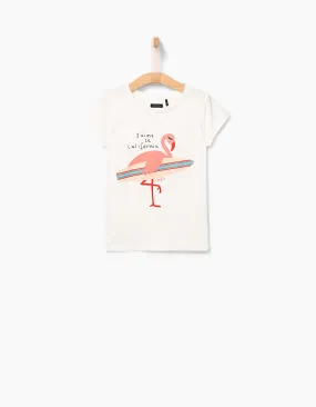 Tee-shirt blanc cassé flamant rose-surfeur fille